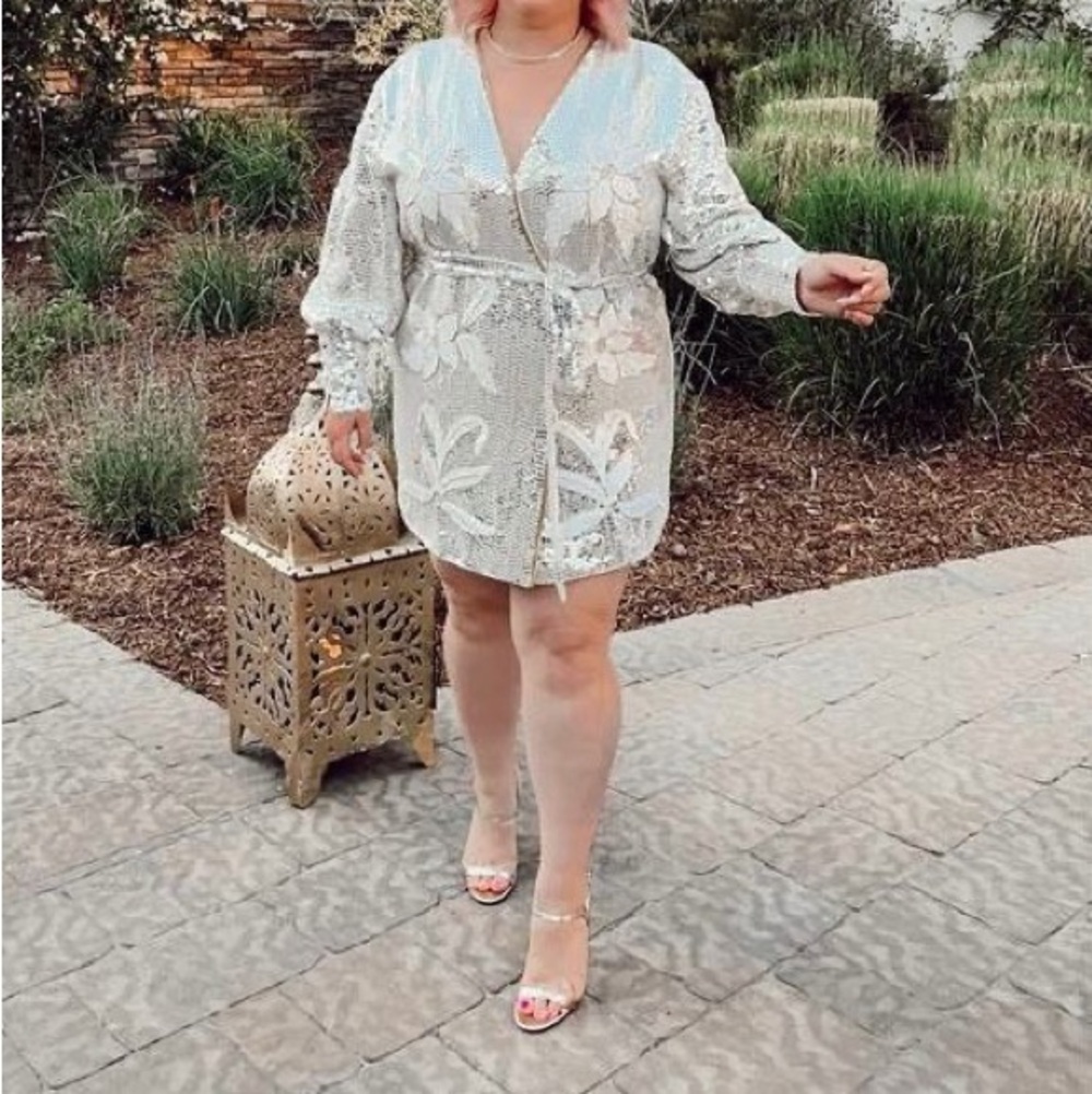 ASOS EDITION floral sequin wrap mini dress in white and silver size 12 - Picture 2 of 10